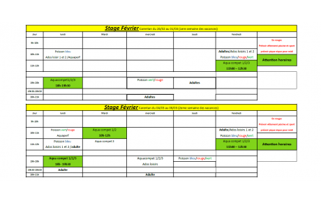 Planning des vacances de Février