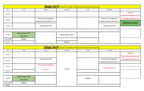Planning des vacances d'avril