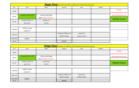 Planning des vacances de février