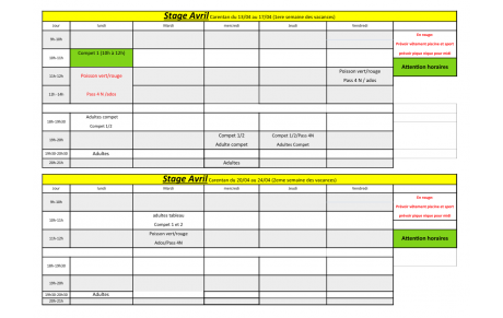 Planning des vacances d'avril